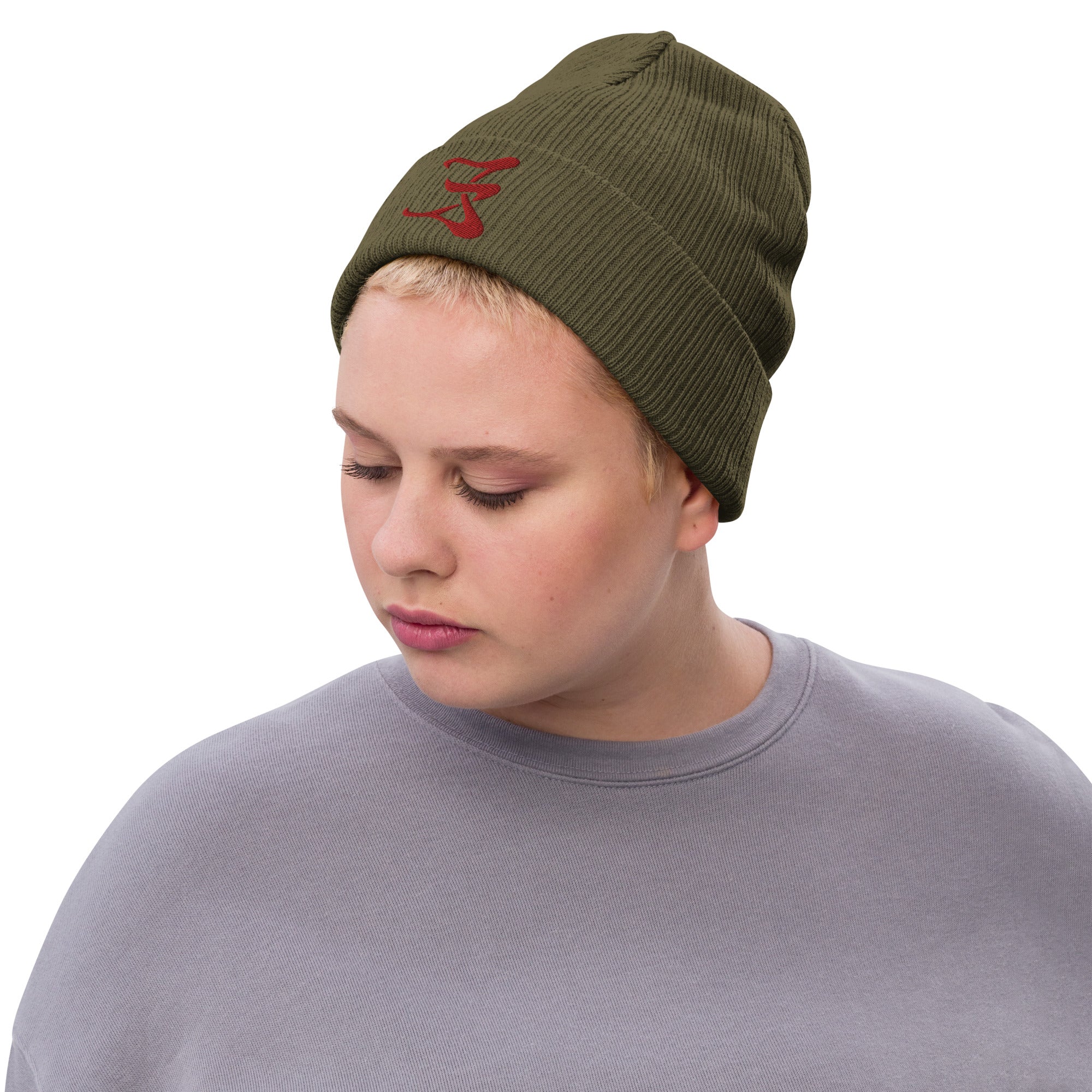 Ribbed knit beanie red logo #1